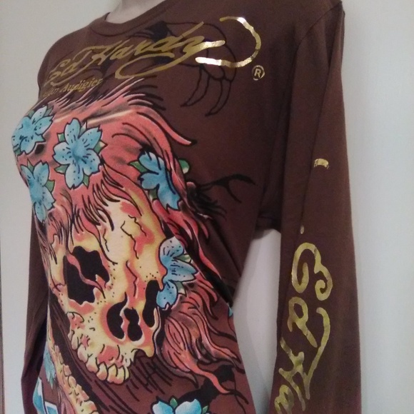 Ed Hardy Brown Long Sleeve Skull Graphics t-shirt Rare Find - Picture 15 of 16